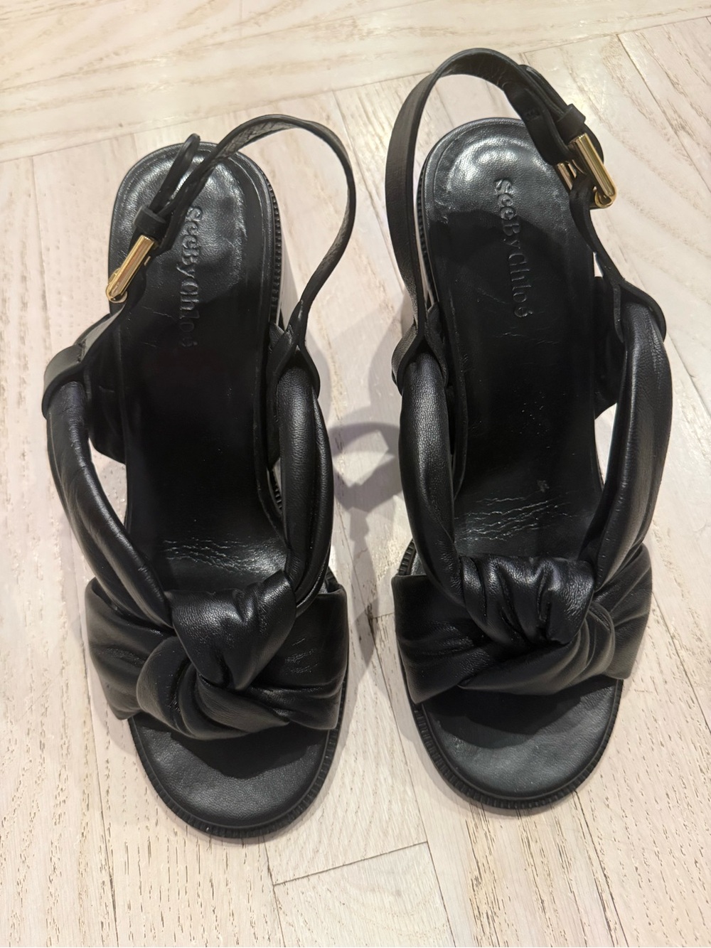 See By Chloe Black Knotted Slingback Sandals Leather 39 EUC Retails $650 3” Heel